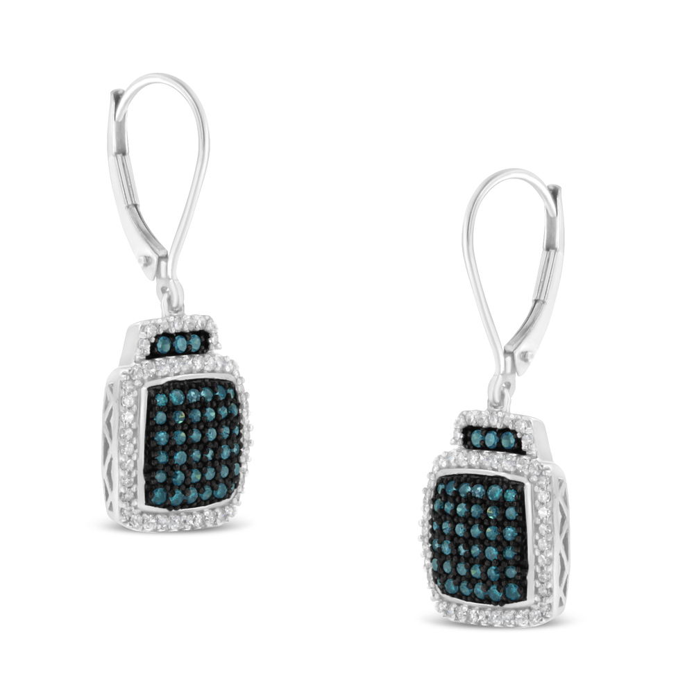Black Rhodium over Silver ¾ Carat Blue and White Diamond Cushion Dangle Earrings